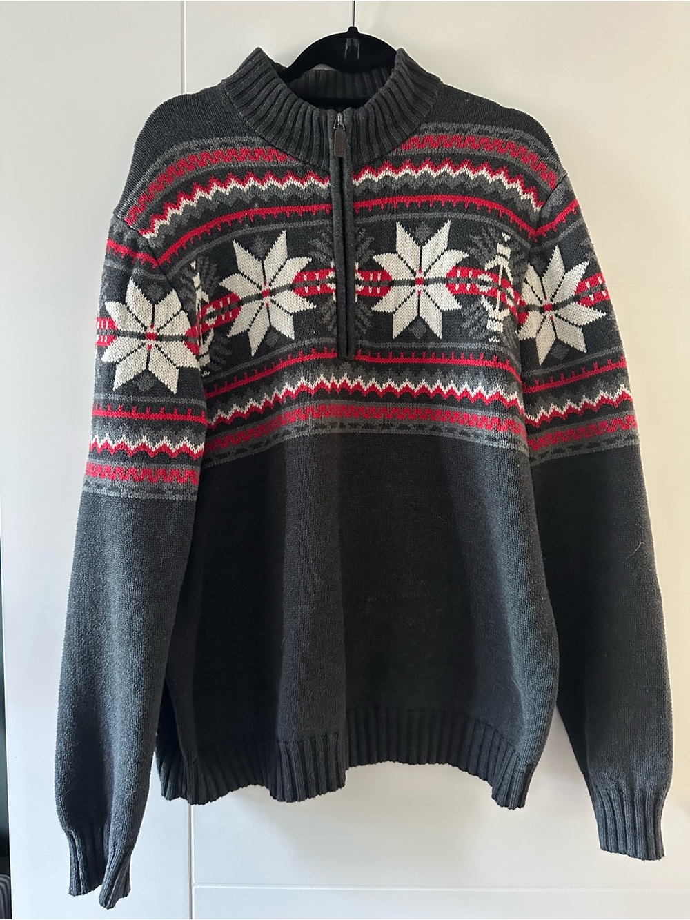 Izod Charcoal Turtleneck Fair Isle Half-Zip Sweater with Red and White Accents